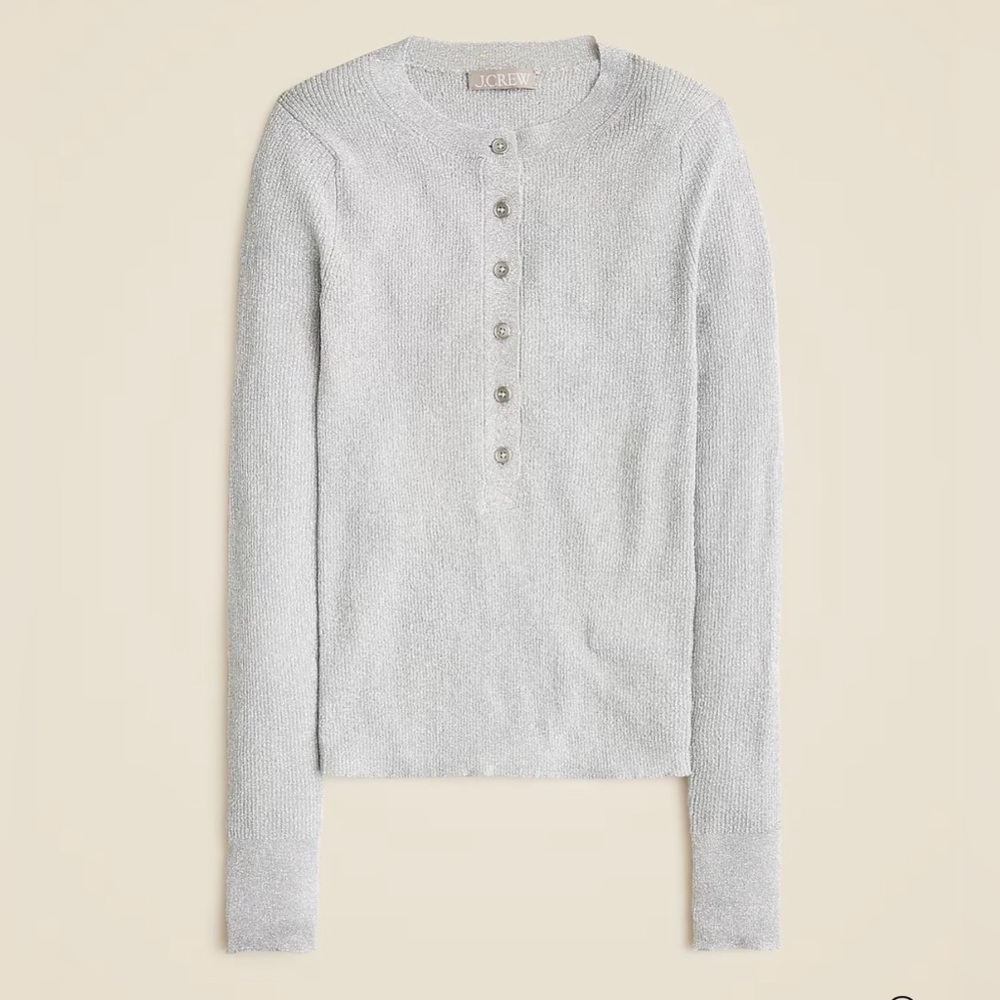 NWT J. Crew Ribbed Henley Sliver Crewneck Sweater with Lurex Metallic Threads